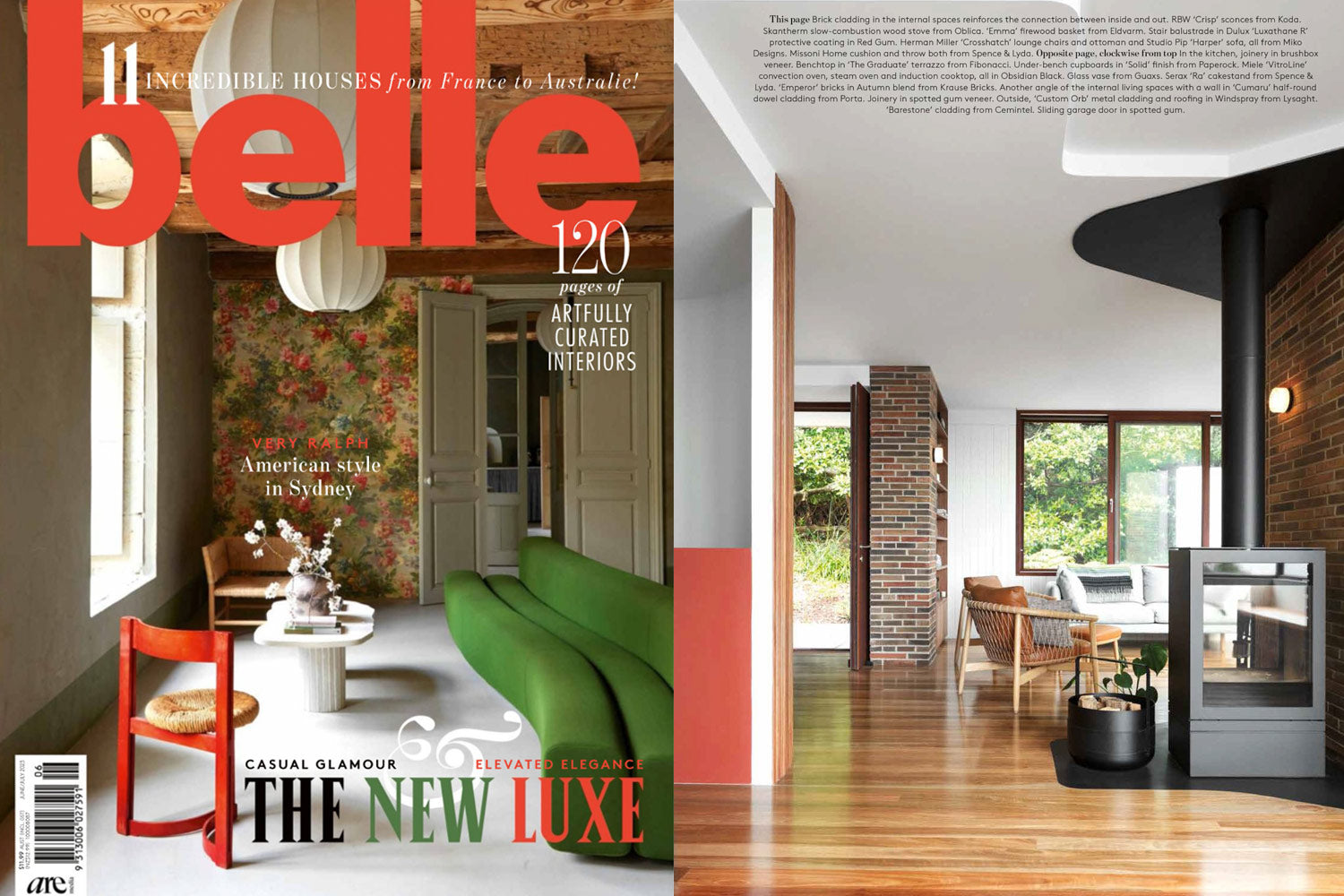 Belle magazine spread featuring Eldvarm fireplace accessories