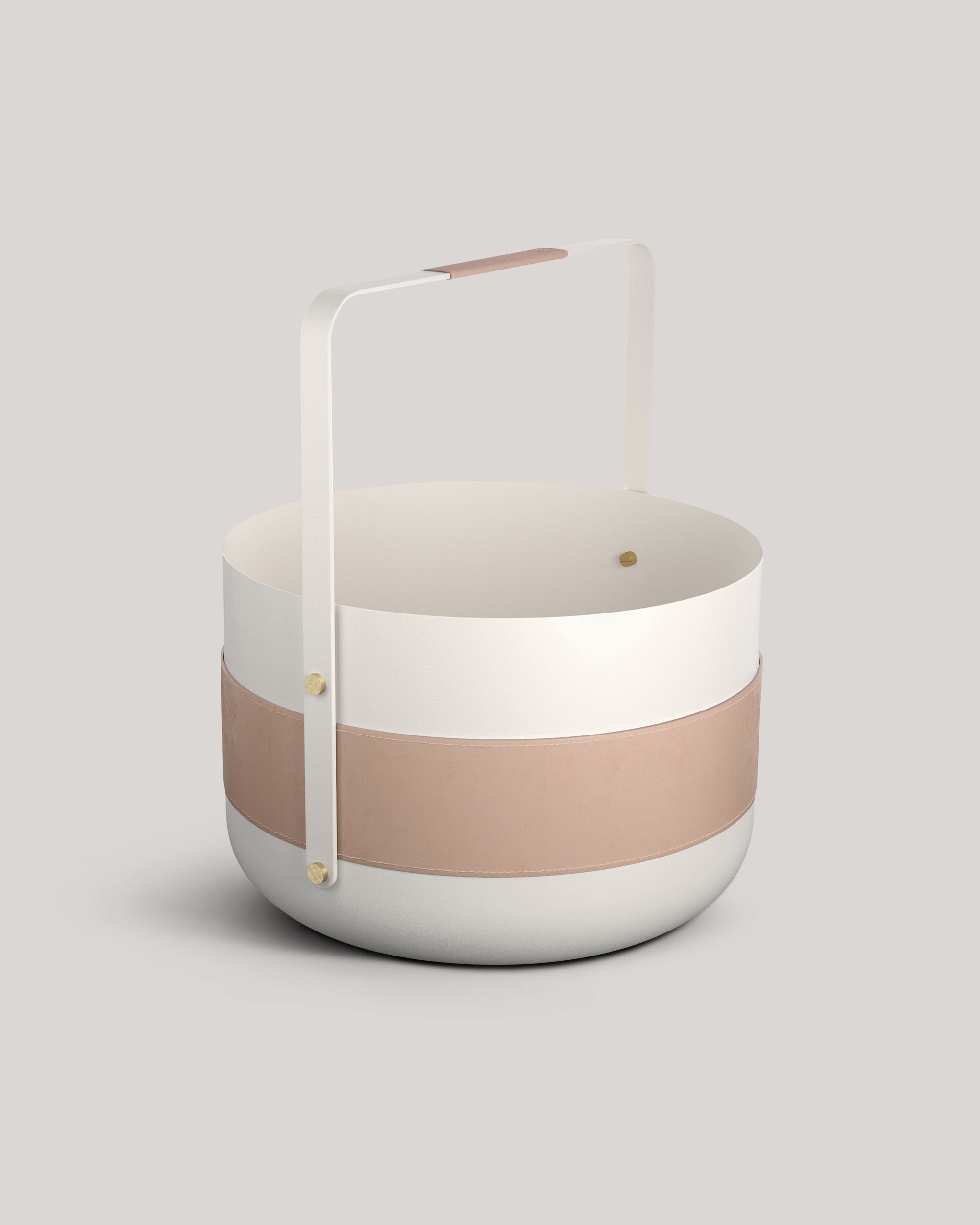 Eldvarm Emma Basket - Blanc, firewood basket in powder-coated steel with leather handles and brass details