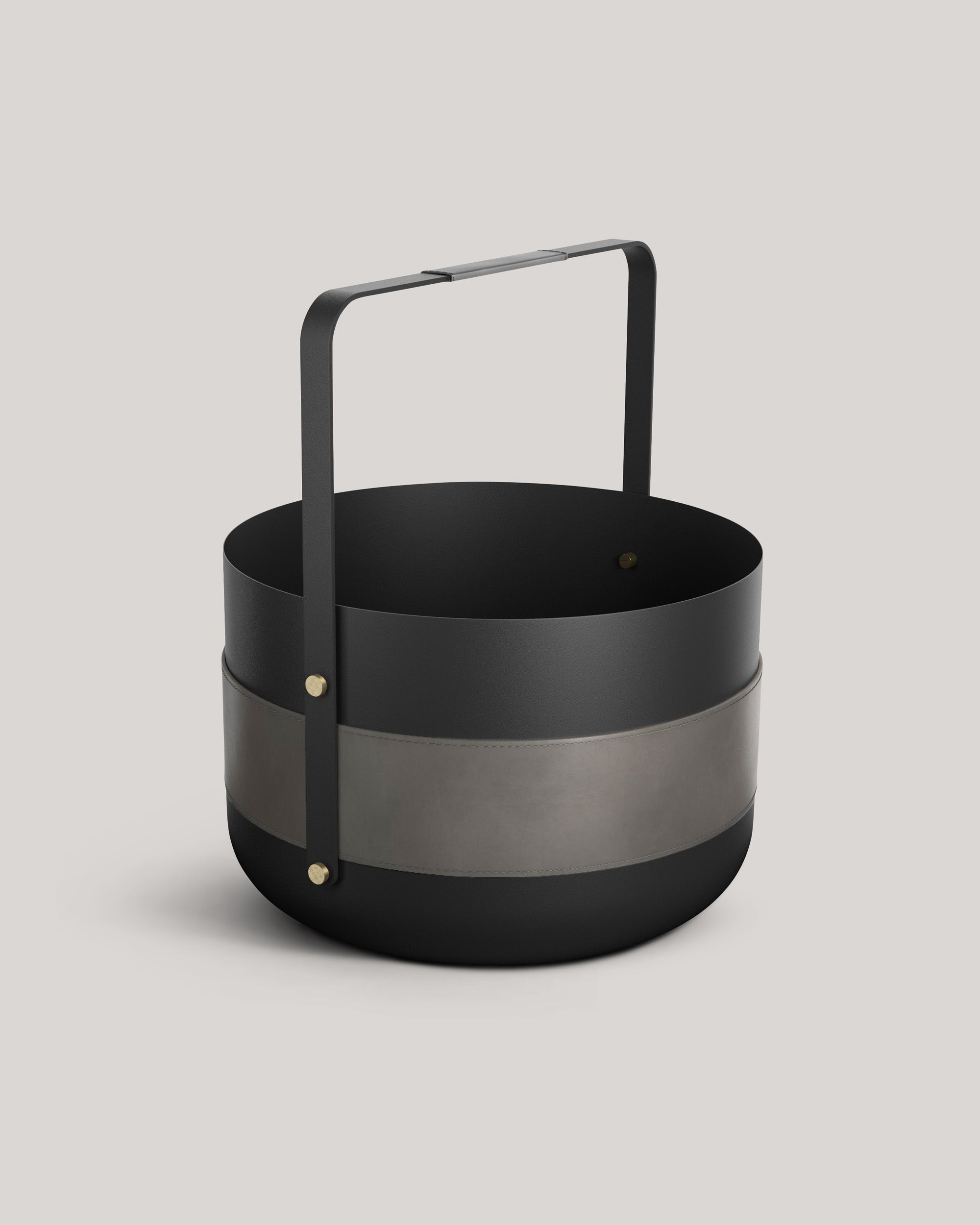 Eldvarm Emma Basket - Graphite, firewood basket in powder-coated steel with leather handles and brass details