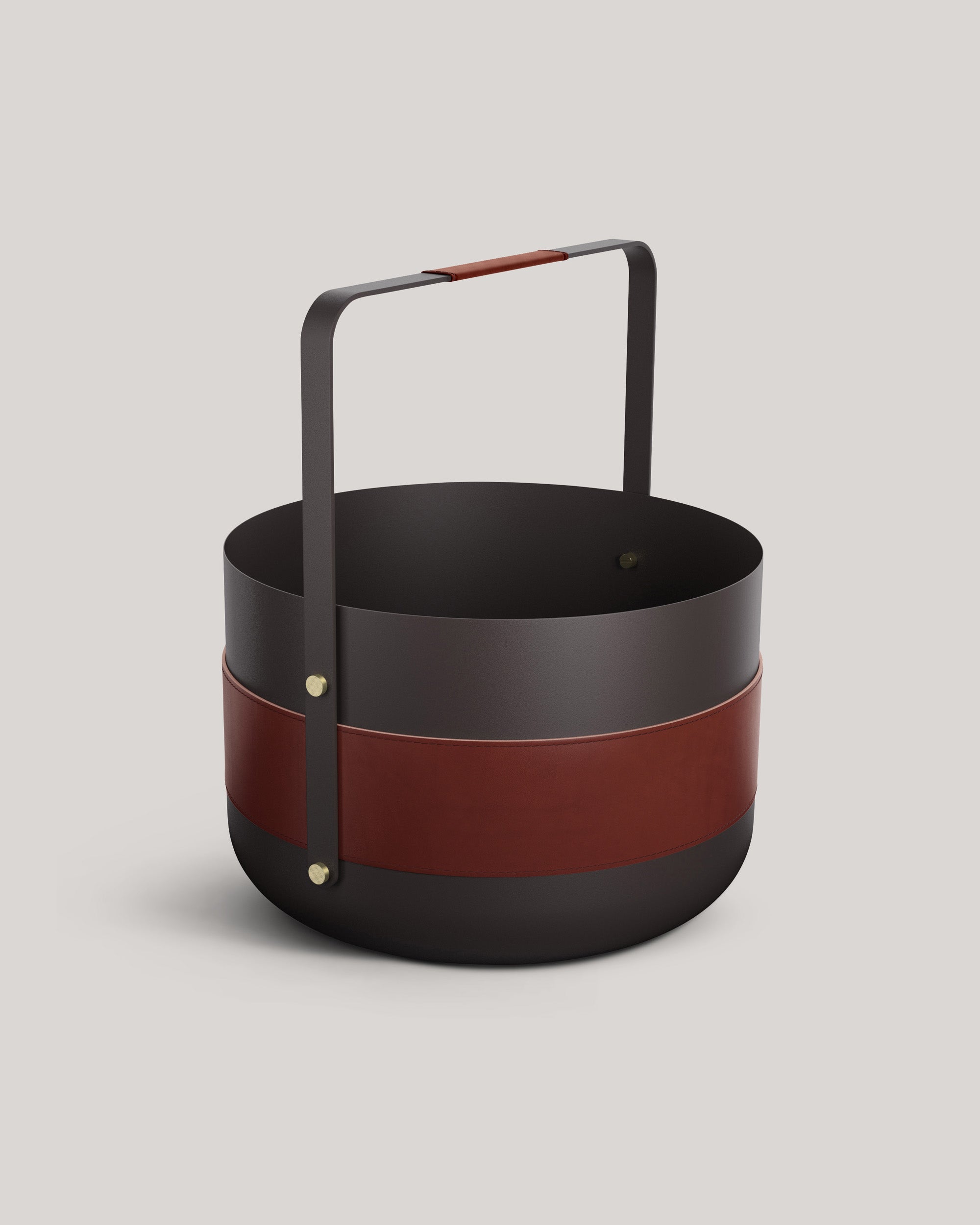 Eldvarm Emma Basket - Havane, firewood basket in powder-coated steel with leather handles and brass details