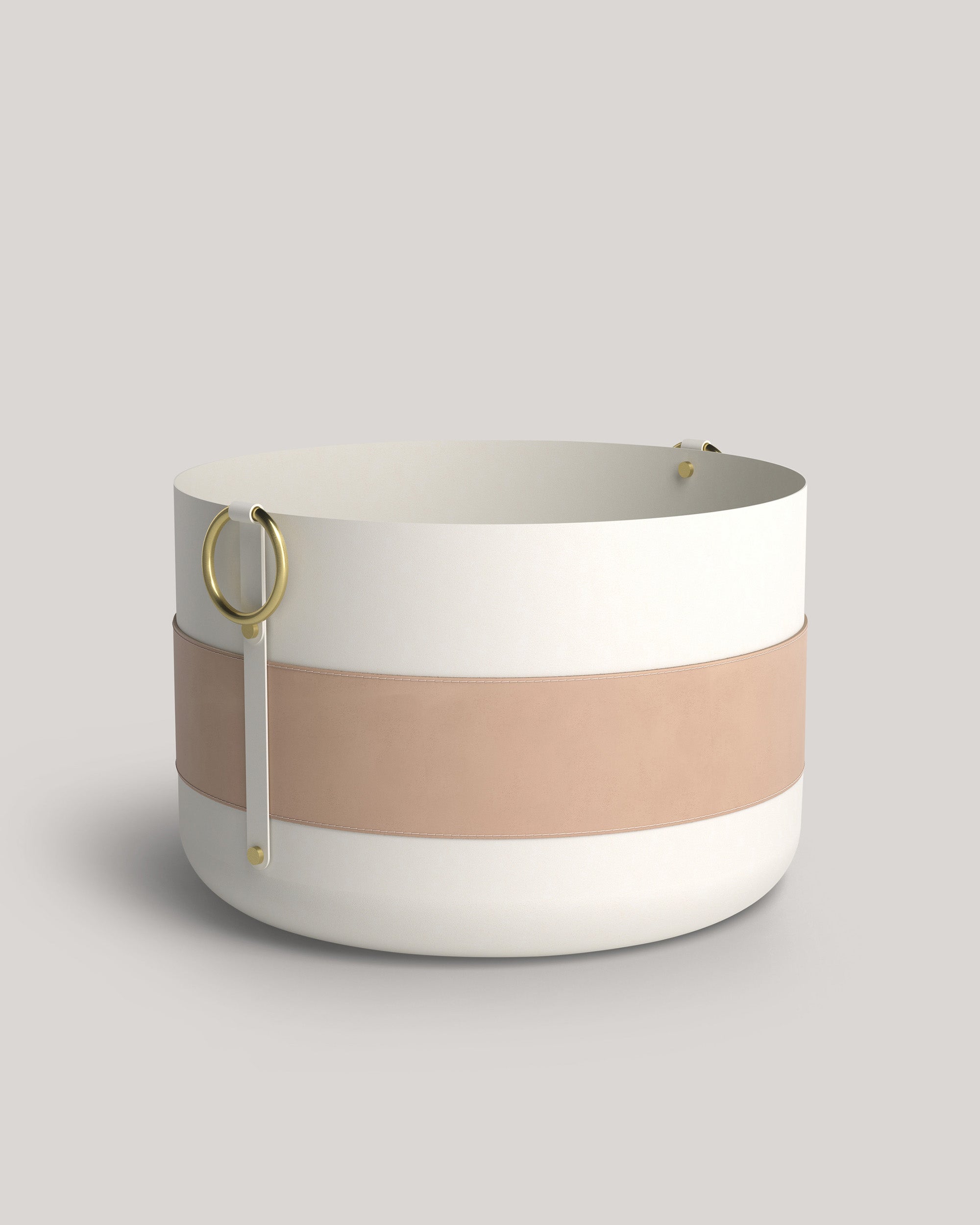 Eldvarm Emma Basket XL - Blanc, large firewood basket in powder-coated steel with leather handles and brass details