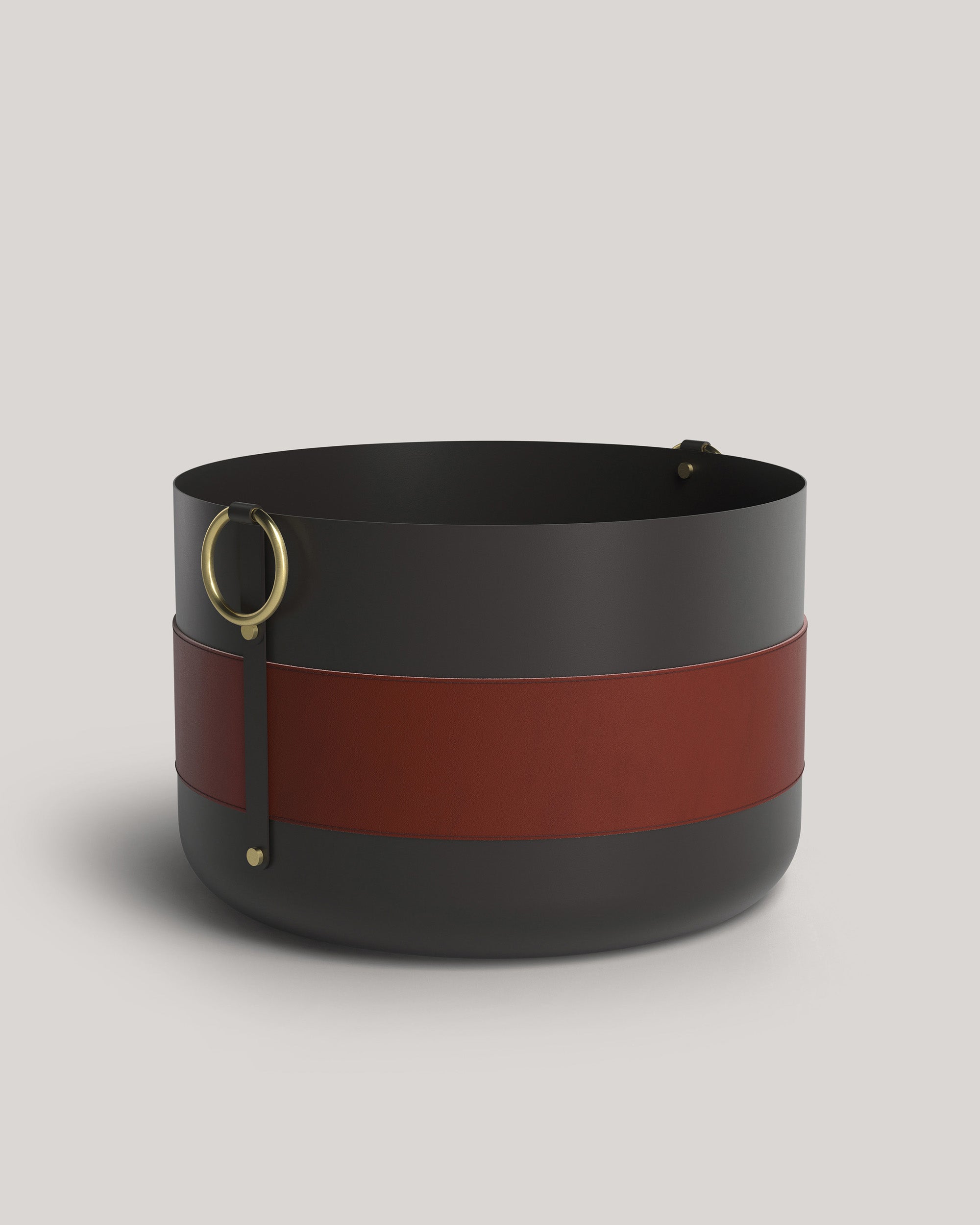 Eldvarm Emma Basket XL - Havane, large firewood basket in powder-coated steel with leather handles and brass details