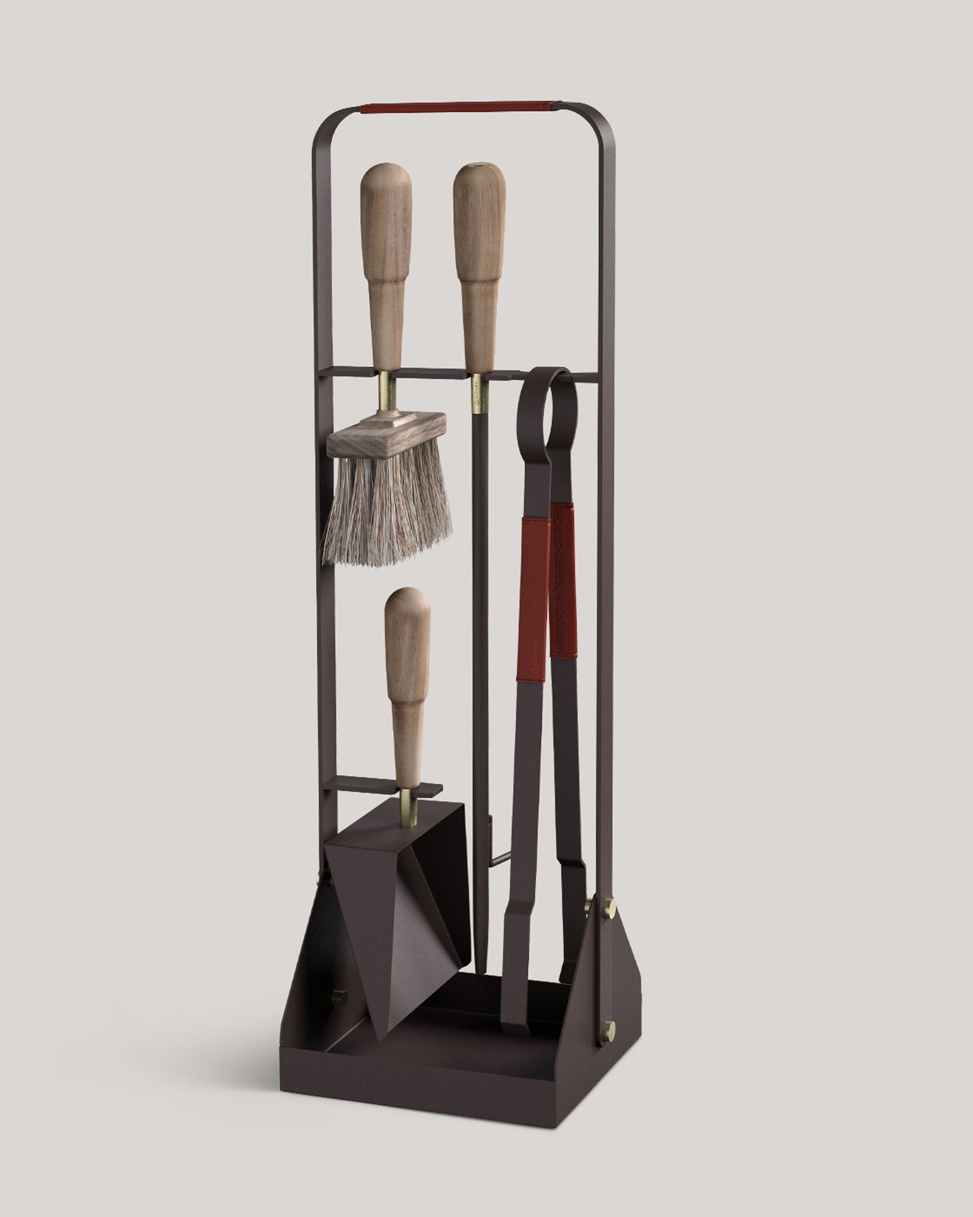 Eldvarm Emma Companion Set - Havane, fireplace companion set with poker, shovel, brush and stand in powder-coated steel with wood handles and brass details