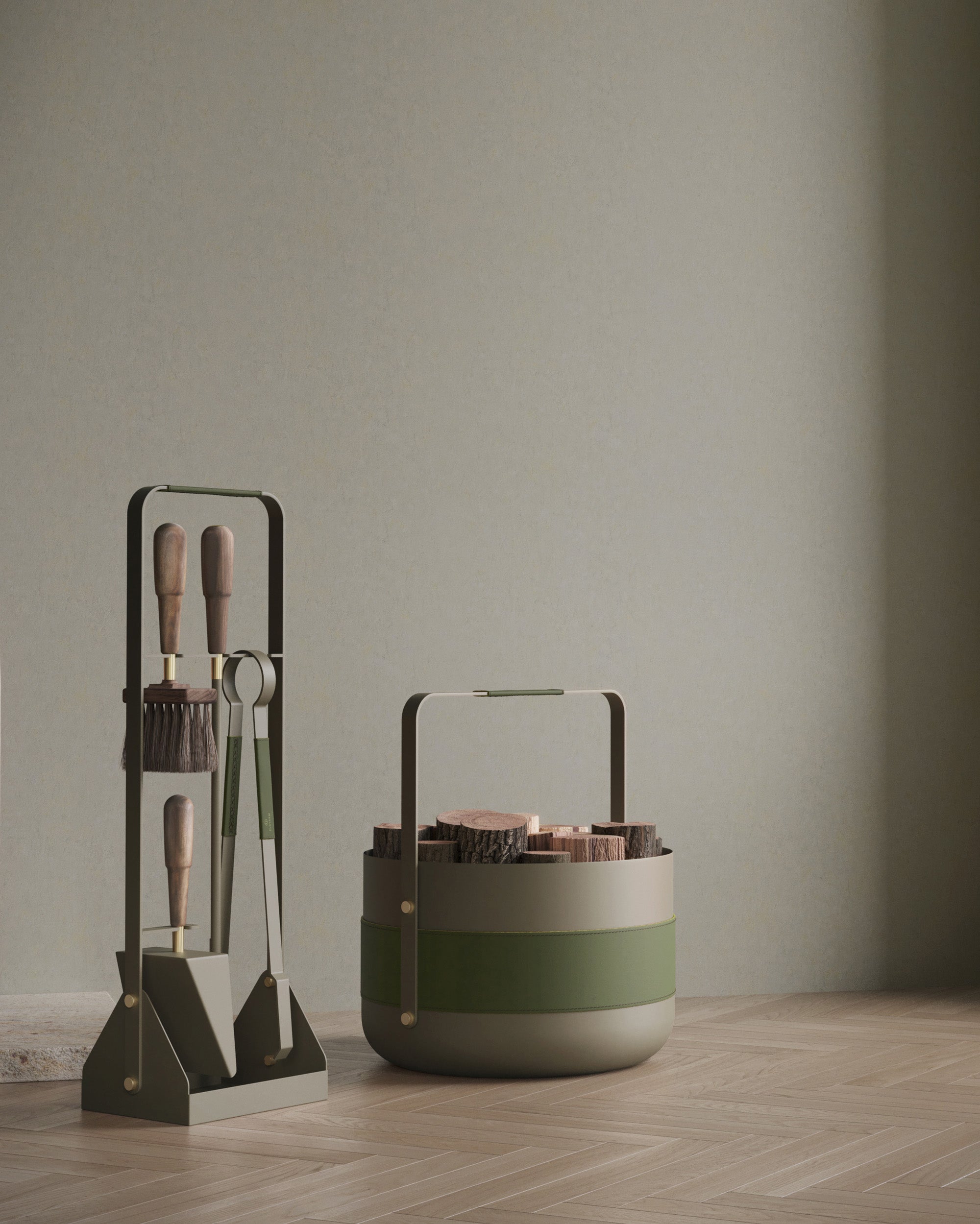 Eldvarm Emma Companion Set - Olive in a styled interior setting