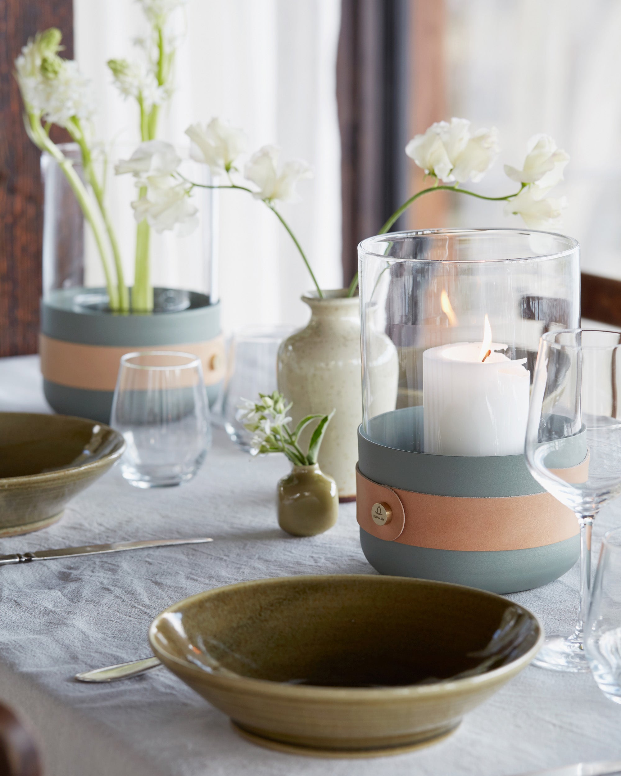 Eldvarm Emma Lantern - Lichen in a styled interior setting