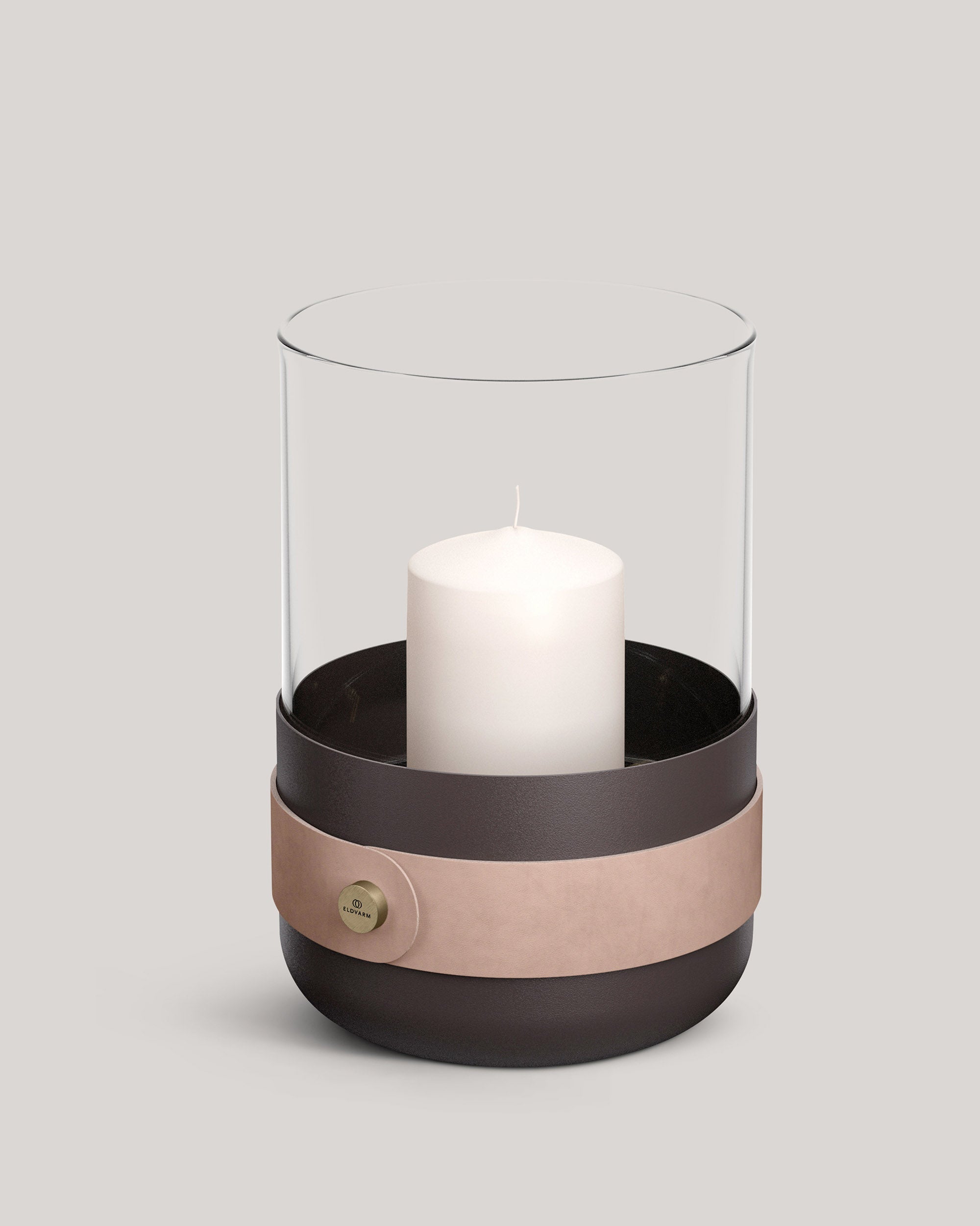 Eldvarm Emma Lantern - Naturel, candle lantern in powder-coated steel with hand-blown glass, leather straps and brass details