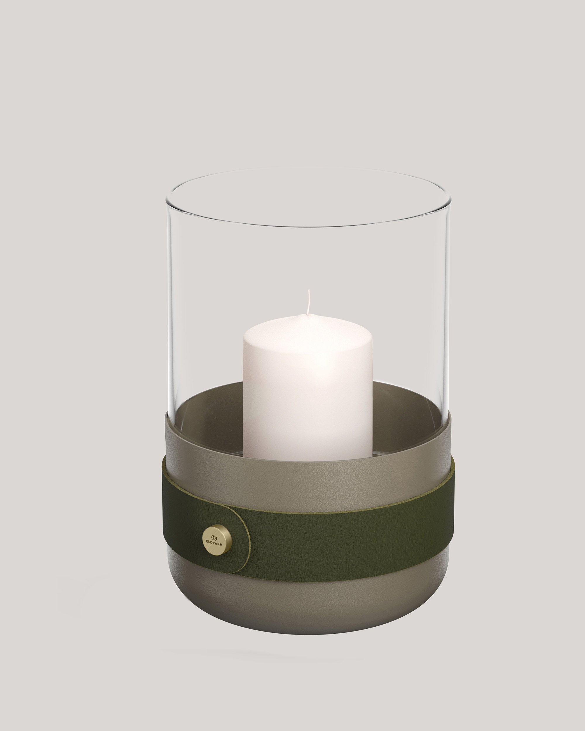 Eldvarm Emma Lantern - Olive, candle lantern in powder-coated steel with hand-blown glass, leather straps and brass details