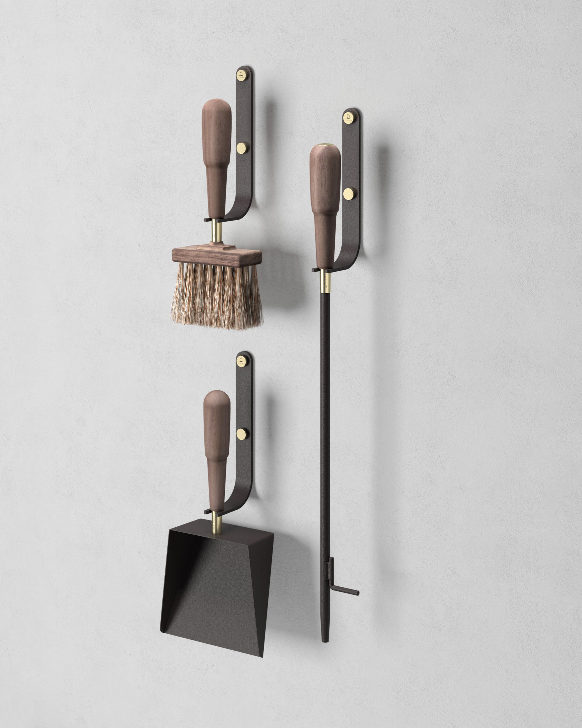 Eldvarm Emma Wall Set - Classique, wall-mounted fireplace tool set with hooks, blow poker, shovel and brush
