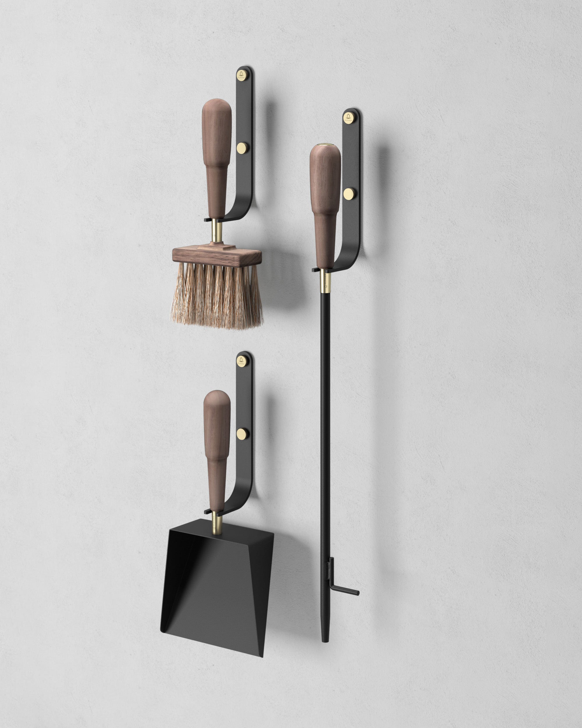 Eldvarm Emma Wall Set - Graphite, wall-mounted fireplace tool set with hooks, blow poker, shovel and brush