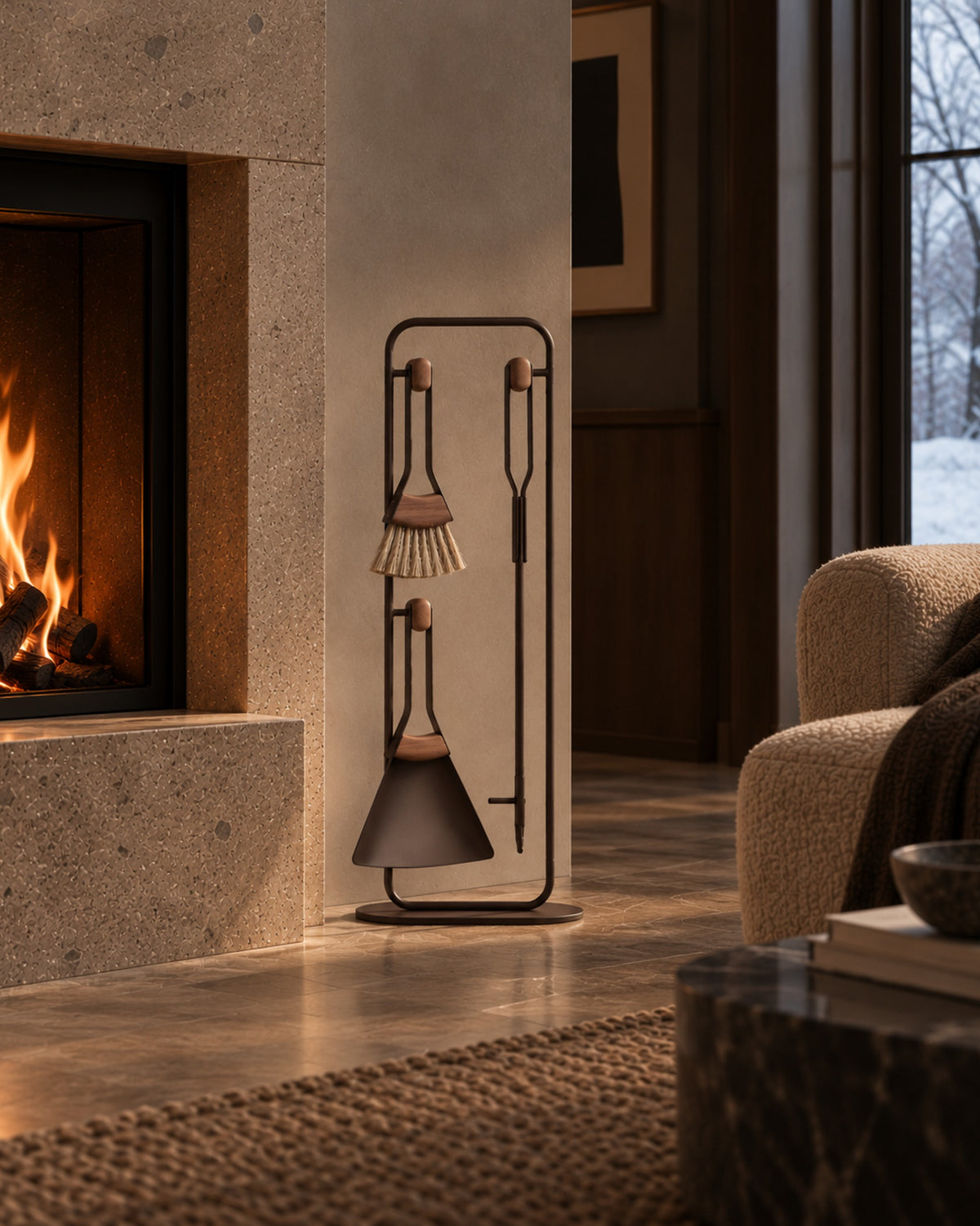 Fireplace tools in a cozy home by the fire