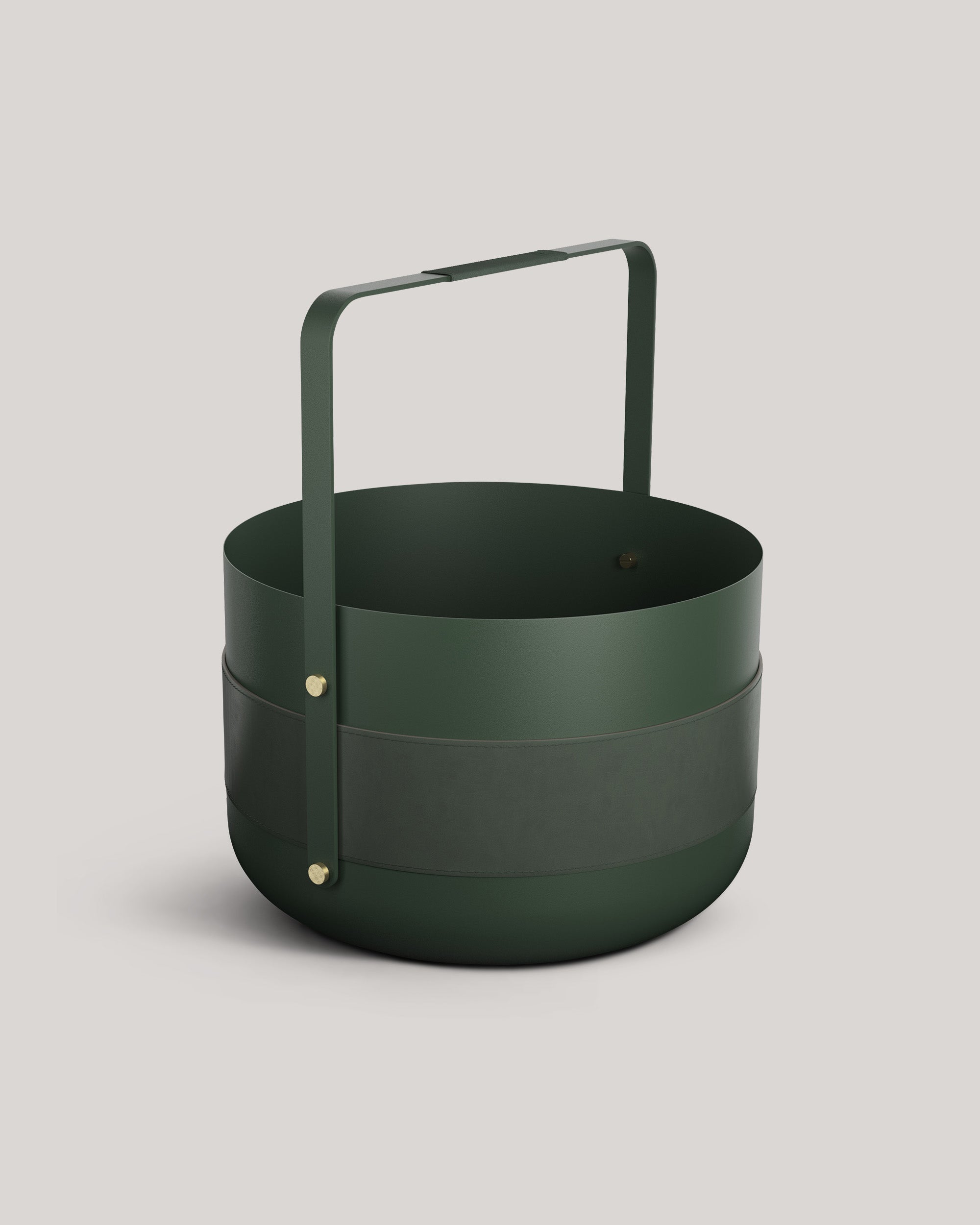 Eldvarm Emma Basket - Forêt, firewood basket in powder-coated steel with leather handles and brass details