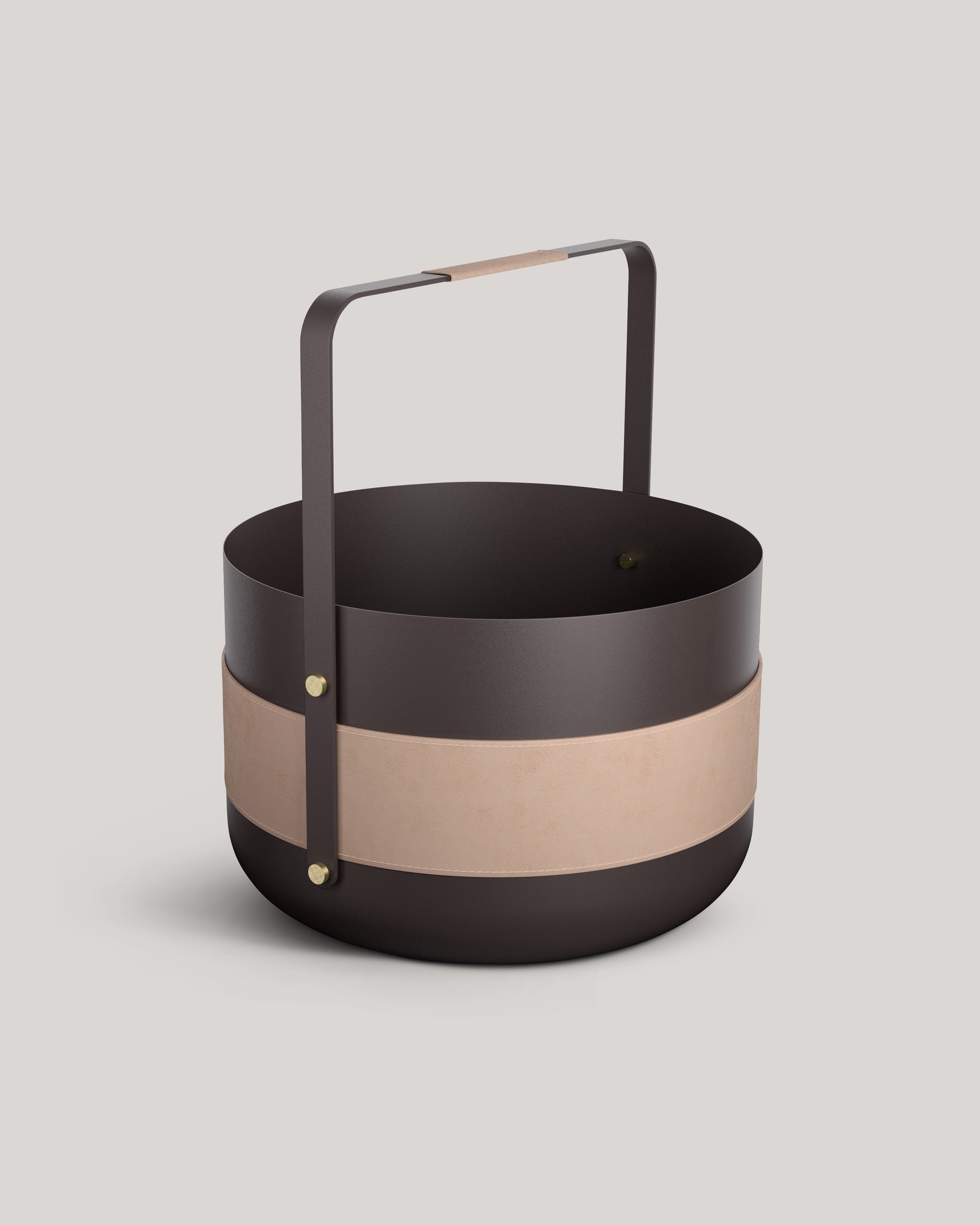 Eldvarm Emma Basket - Naturel, firewood basket in powder-coated steel with leather handles and brass details