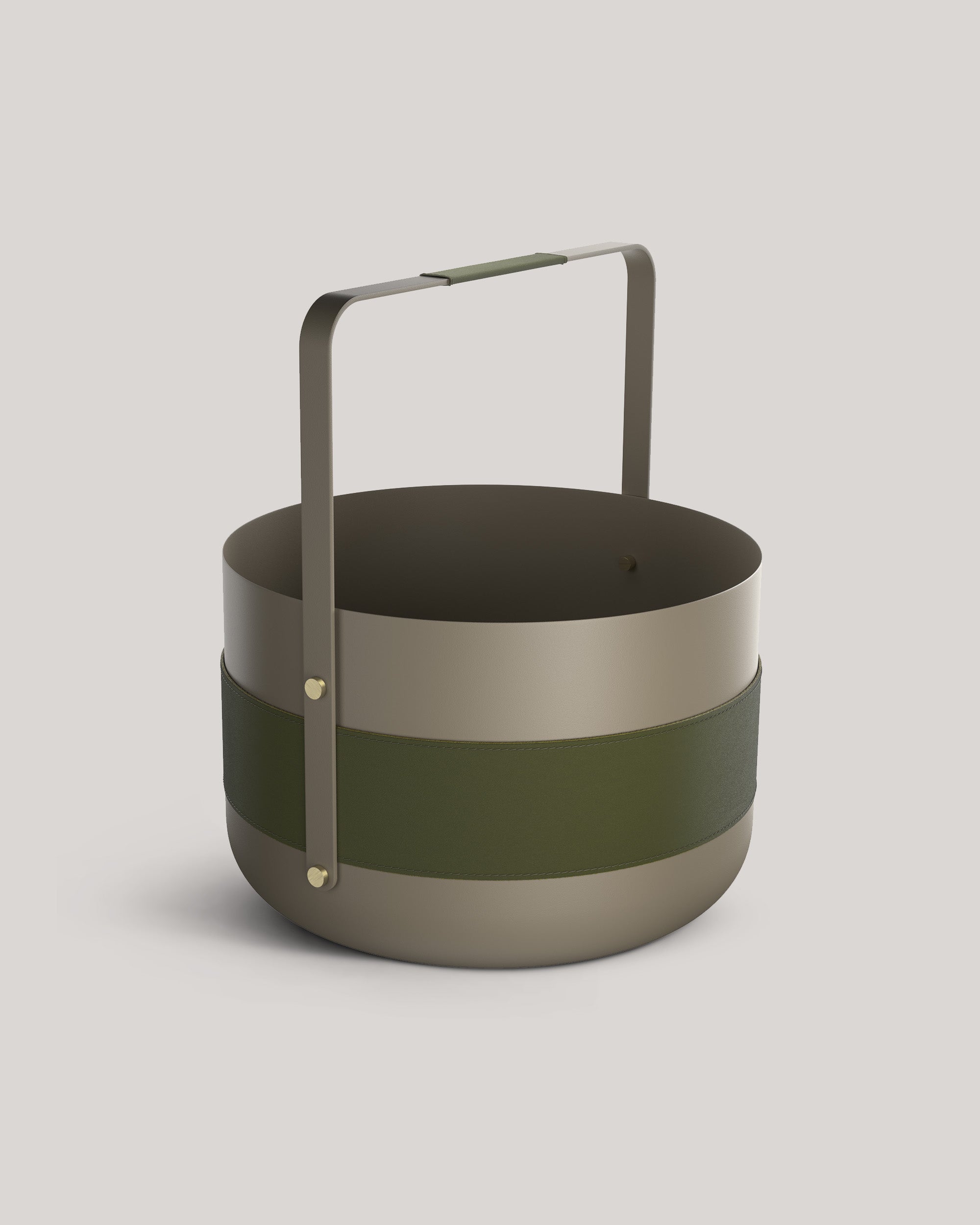 Eldvarm Emma Basket - Olive, firewood basket in powder-coated steel with leather handles and brass details