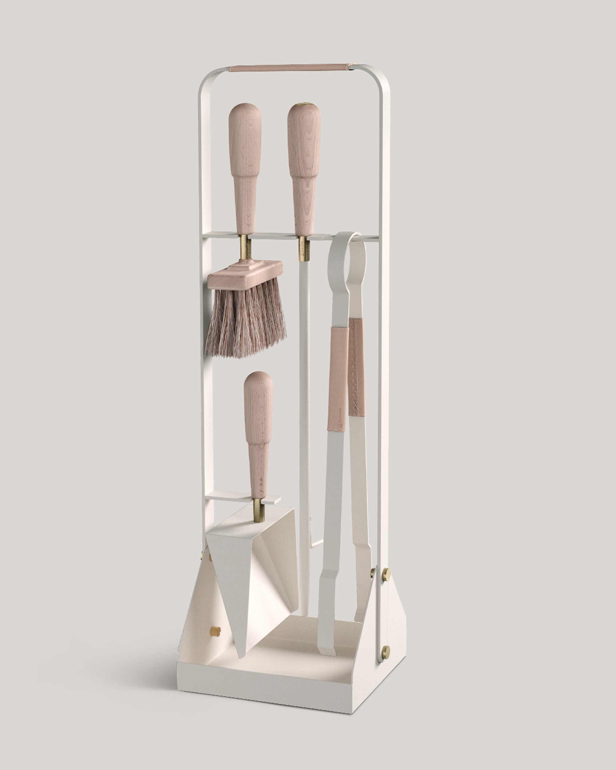 Eldvarm Emma Companion Set - Blanc, fireplace companion set with poker, shovel, brush and stand in powder-coated steel with wood handles and brass details