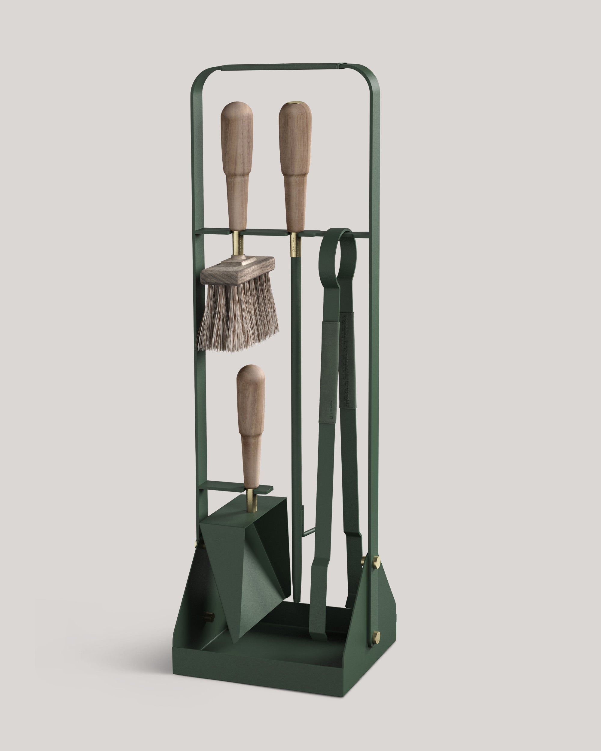 Eldvarm Emma Companion Set - Forêt, fireplace companion set with poker, shovel, brush and stand in powder-coated steel with wood handles and brass details