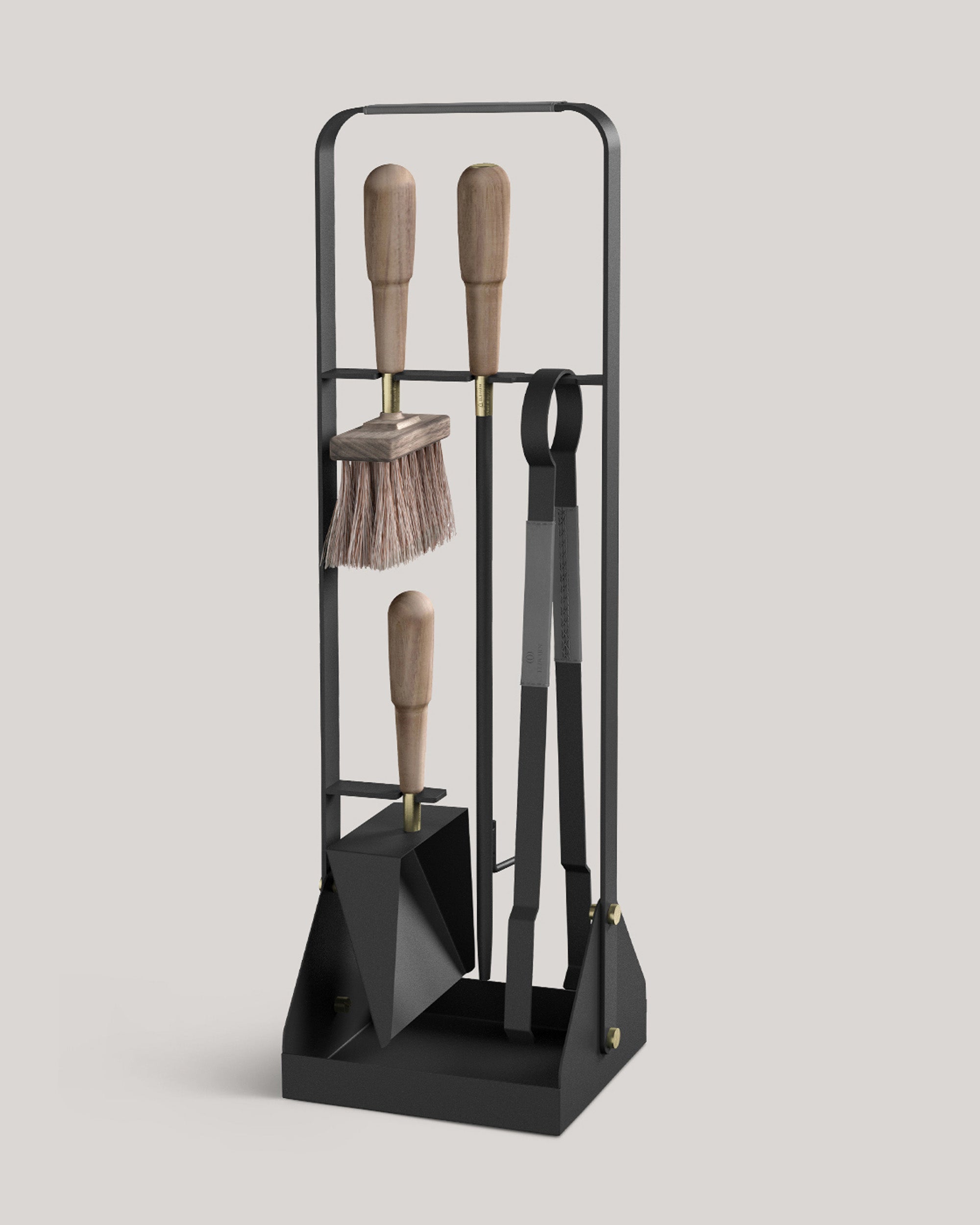 Eldvarm Emma Companion Set - Graphite, fireplace companion set with poker, shovel, brush and stand in powder-coated steel with wood handles and brass details