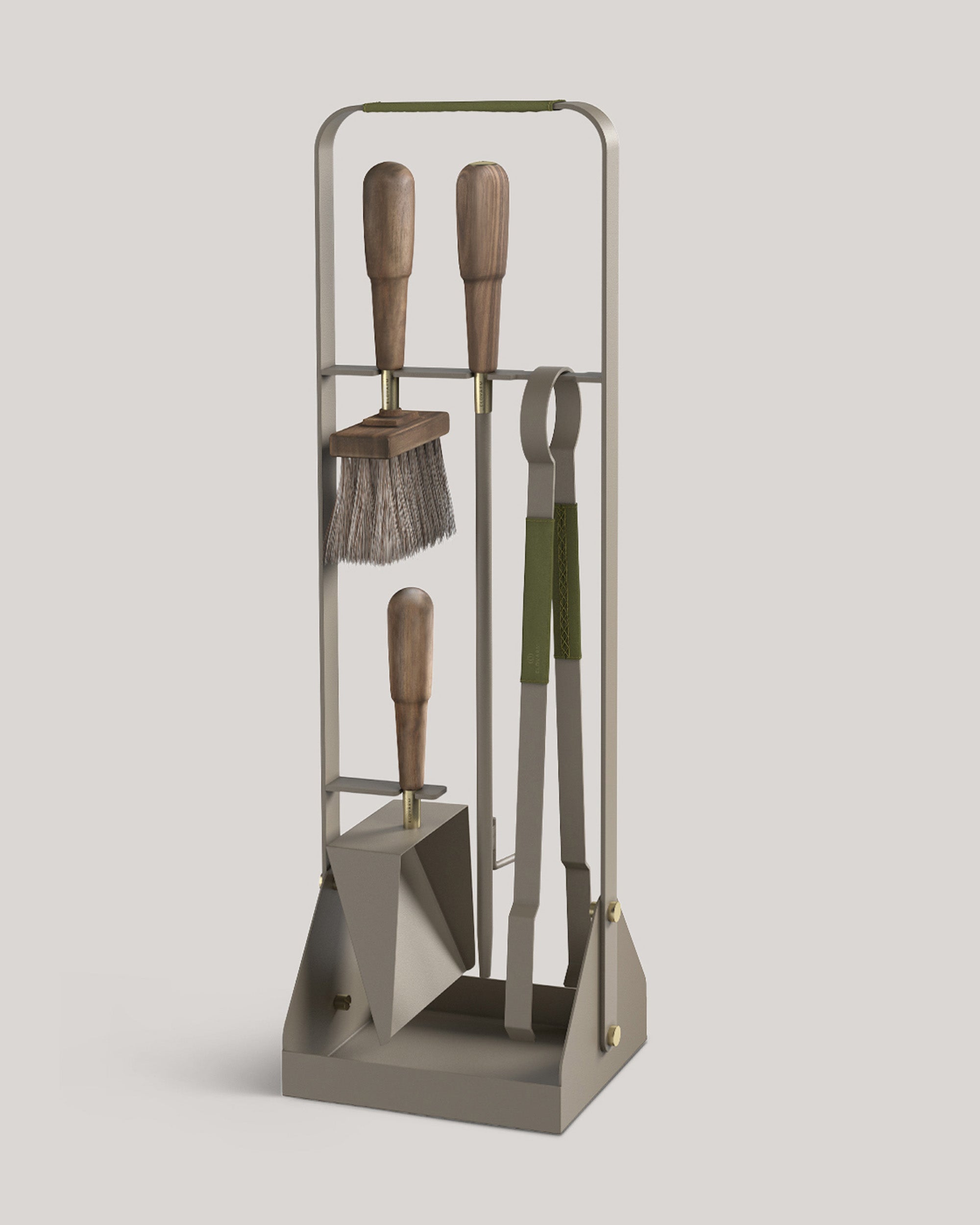 Eldvarm Emma Companion Set - Olive, fireplace companion set with poker, shovel, brush and stand in powder-coated steel with wood handles and brass details