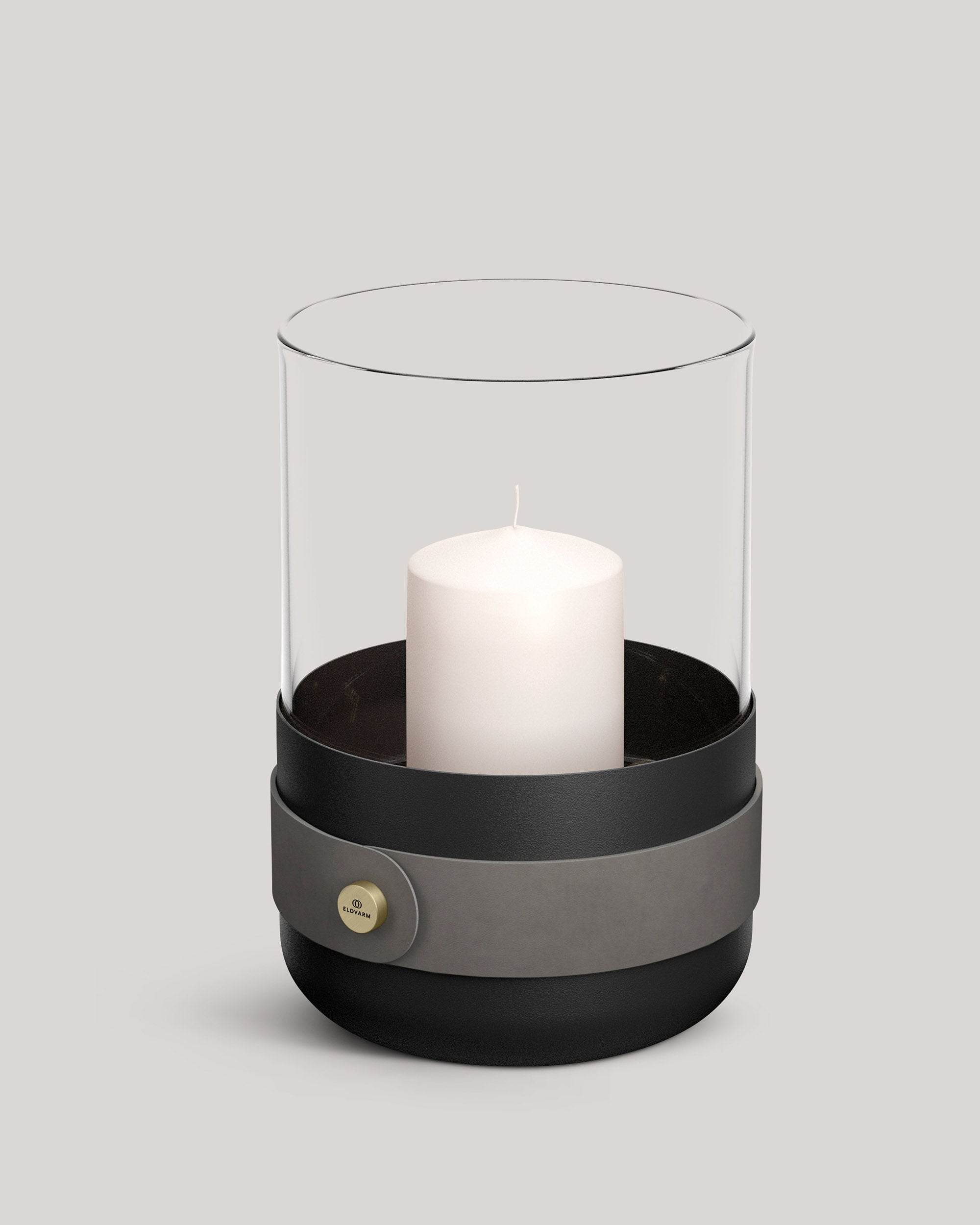 Eldvarm Emma Lantern - Graphite, candle lantern in powder-coated steel with hand-blown glass, leather straps and brass details