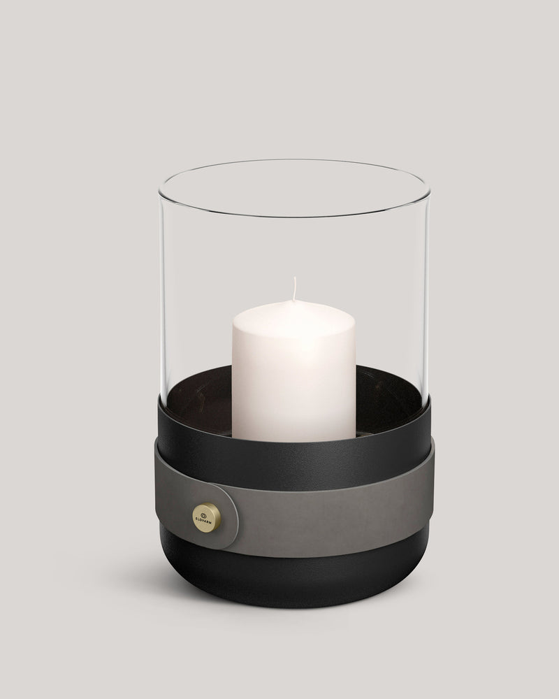 Eldvarm Emma Lantern - Graphite, candle lantern in powder-coated steel with hand-blown glass, leather straps and brass details