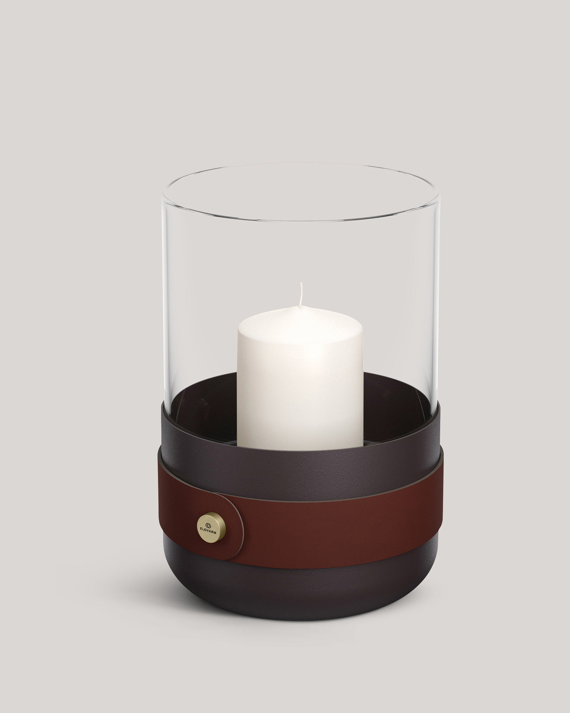 Eldvarm Emma Lantern - Havane, candle lantern in powder-coated steel with hand-blown glass, leather straps and brass details