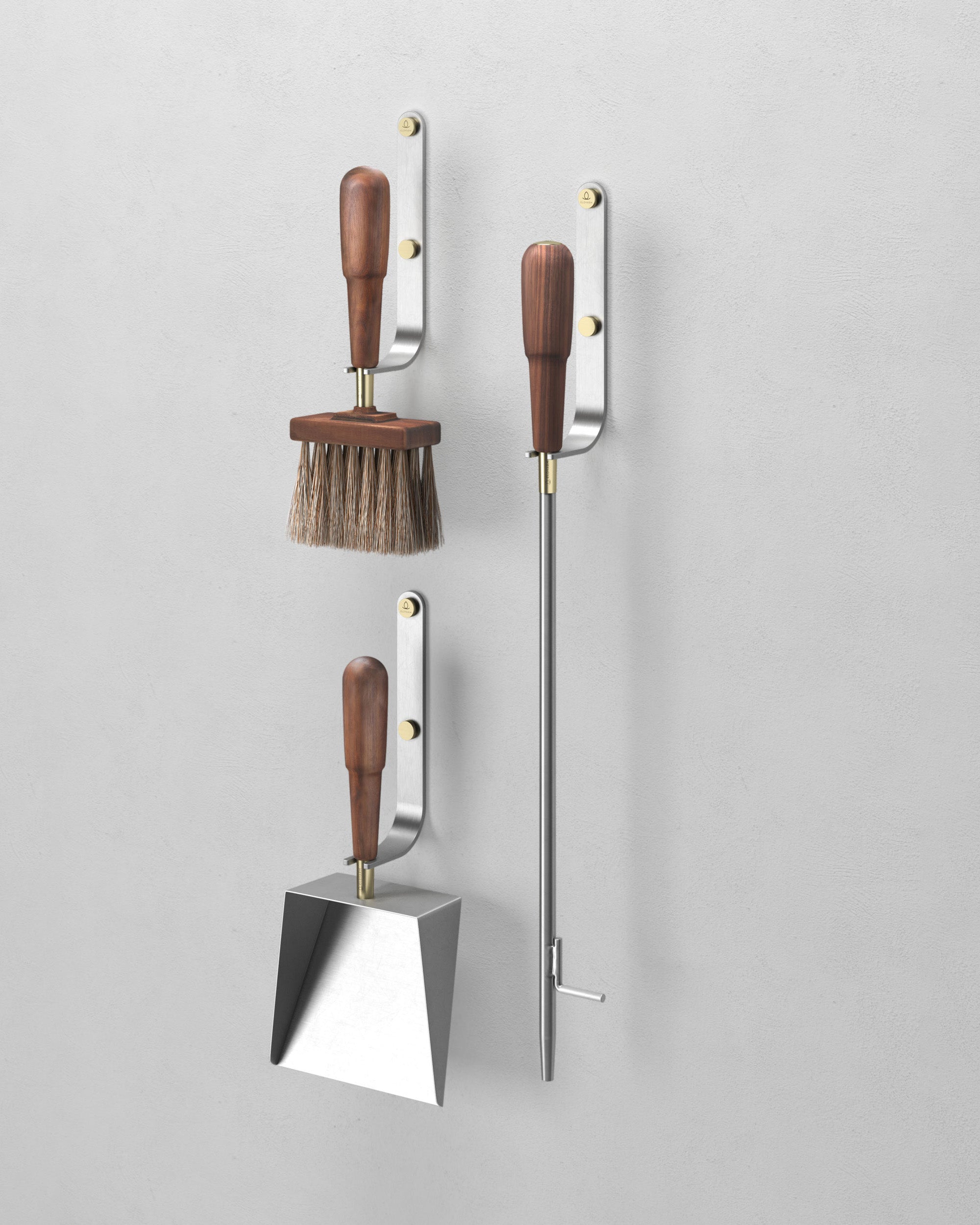 Eldvarm Emma Wall Set - Lumière, wall-mounted fireplace tool set with hooks, blow poker, shovel and brush