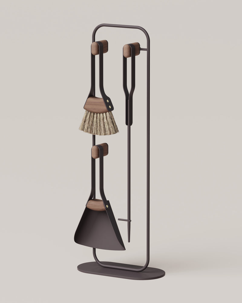 Eldvarm Fumi Companion Set - Classique, fireplace companion set with three tools and stand in steel with wood handles