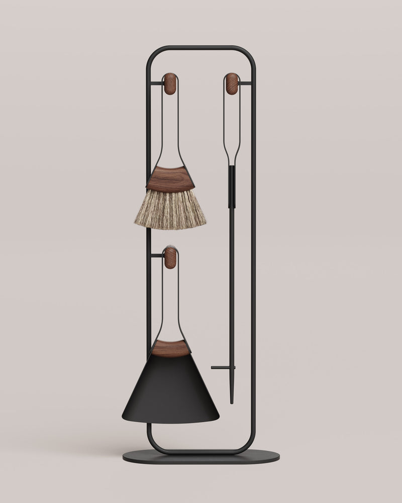 Eldvarm Fumi Companion Set - Noir, fireplace companion set with three tools and stand in steel with wood handles