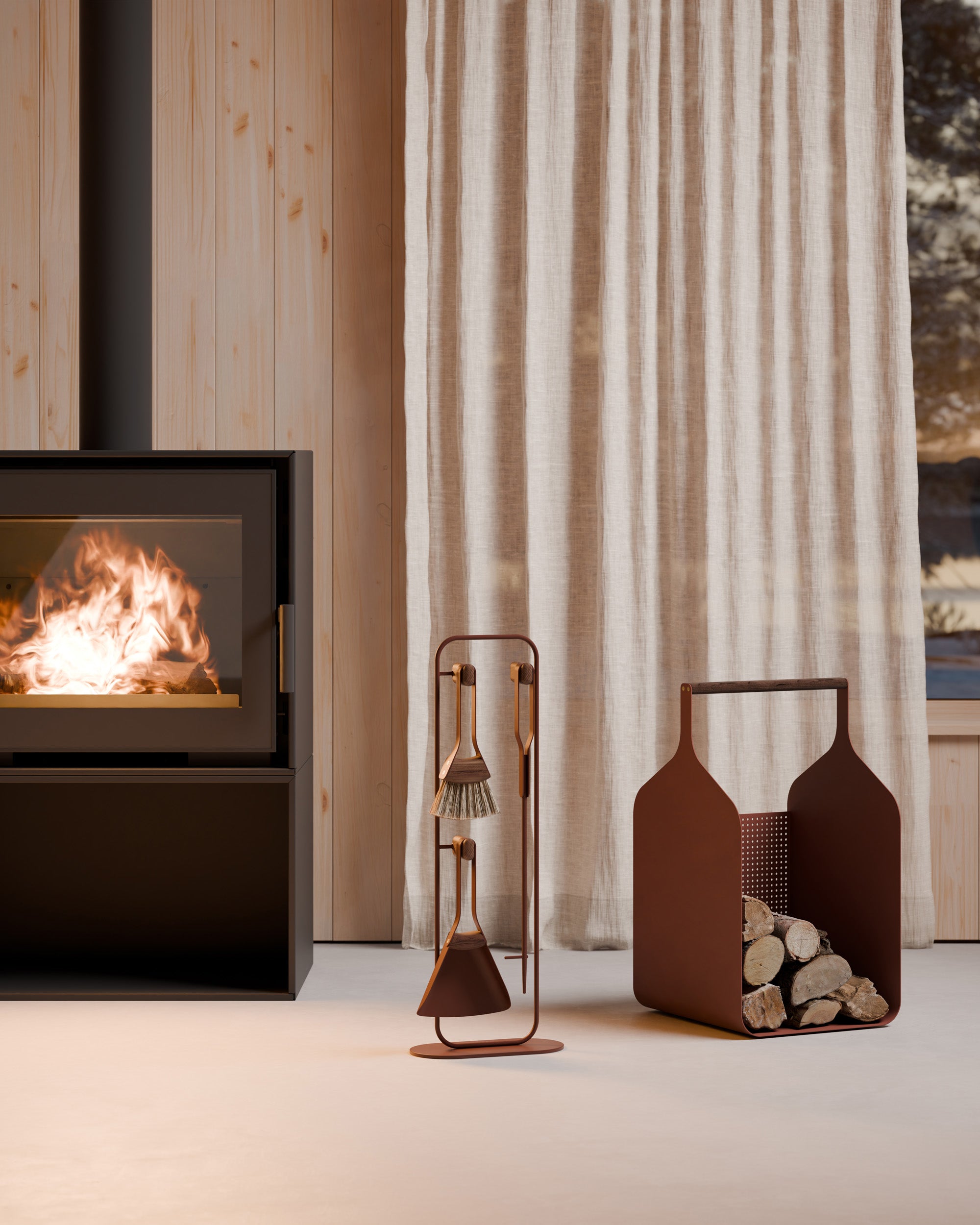 Eldvarm Fumi Companion Set - Terre in a styled interior setting