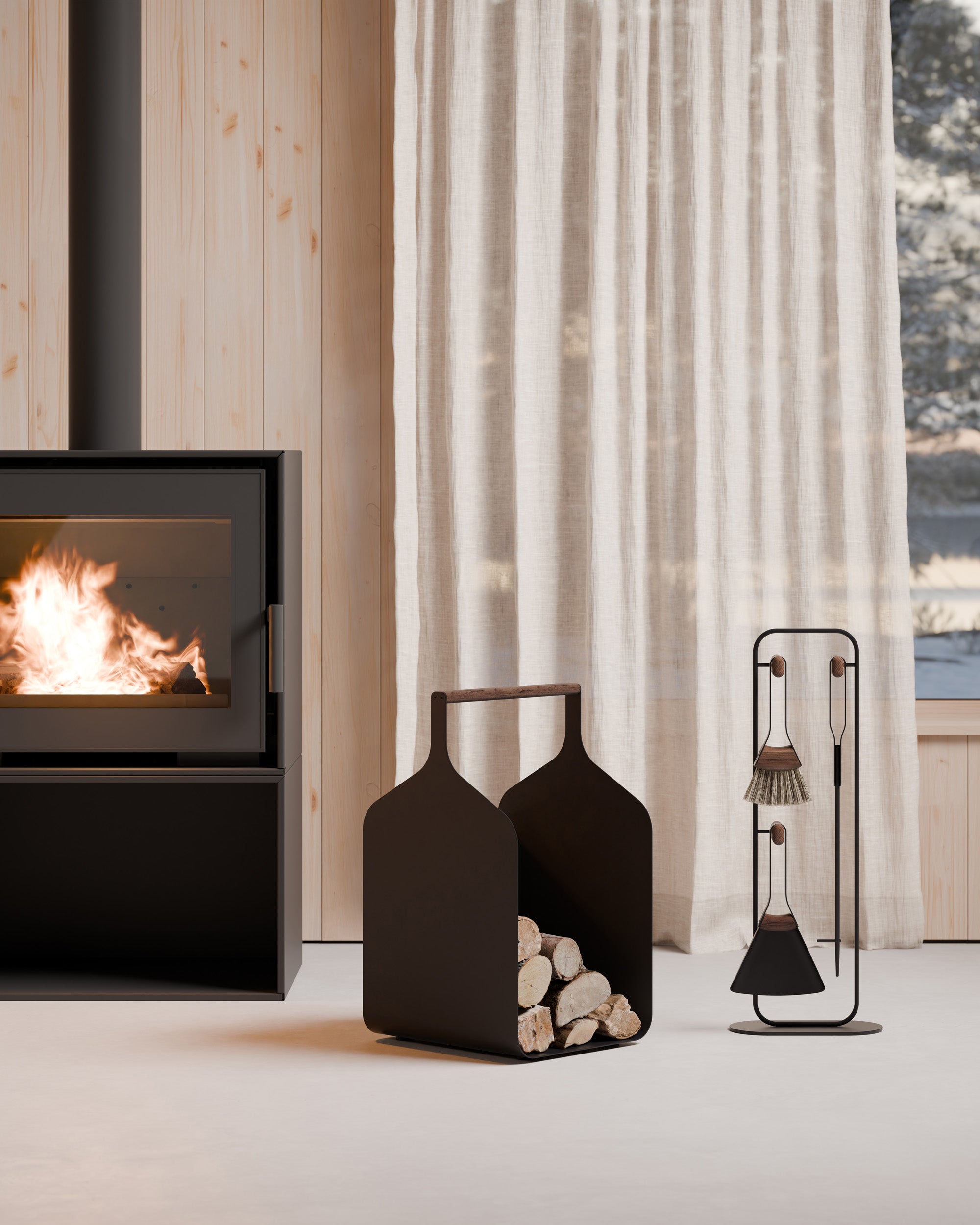 Eldvarm Fumi Log Holder - Noir in a styled interior setting