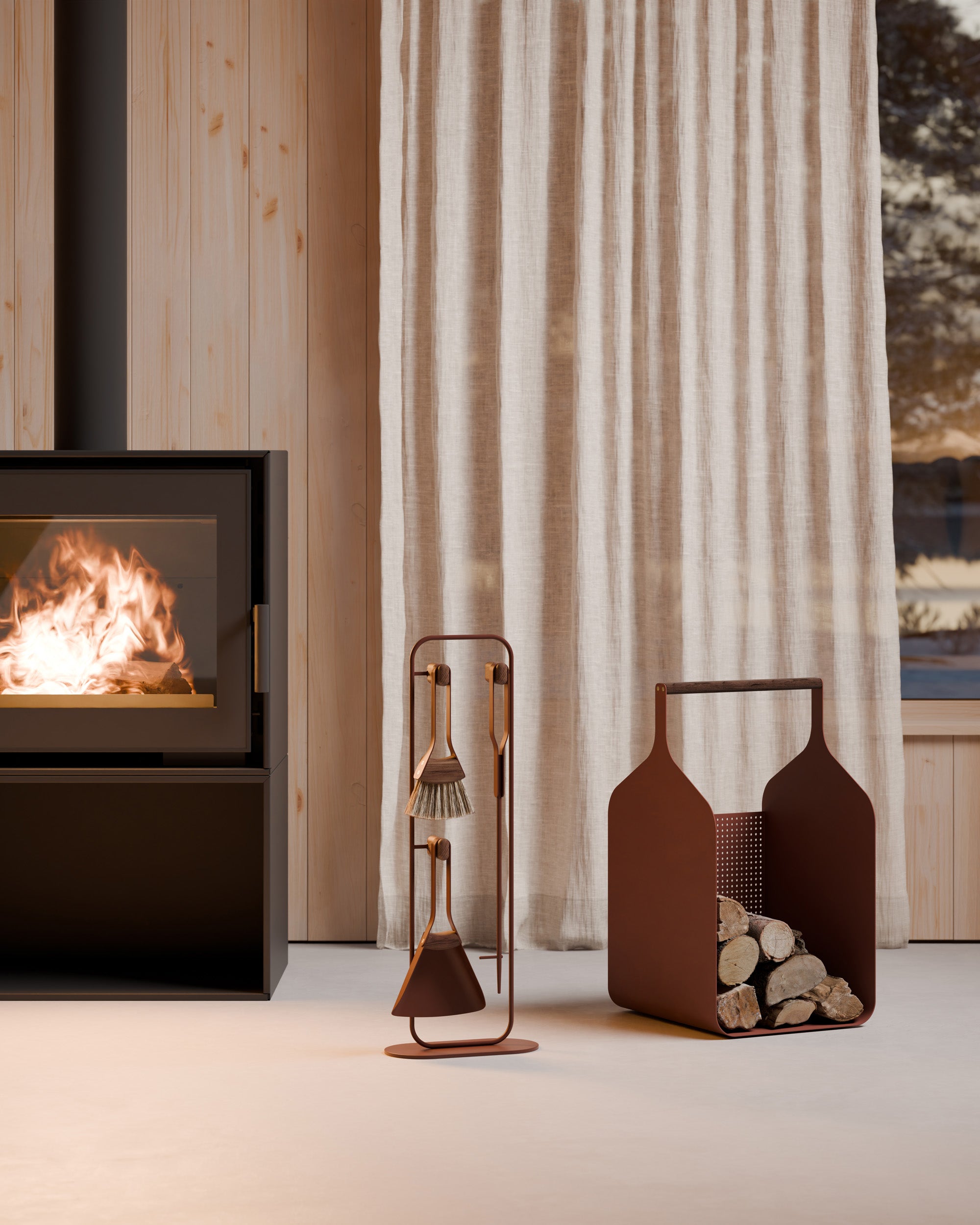 Eldvarm Fumi Log Holder - Terre in a styled interior setting