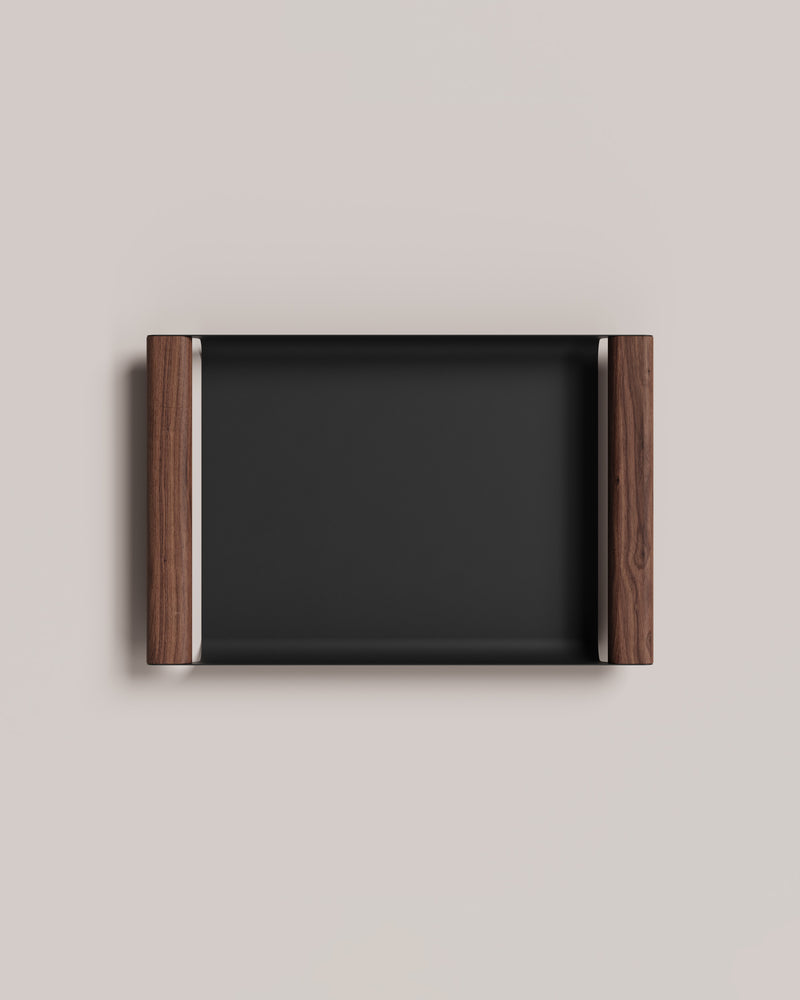 Eldvarm Fumi Tray Small - Noir, small serving tray in powder-coated steel with wood handles