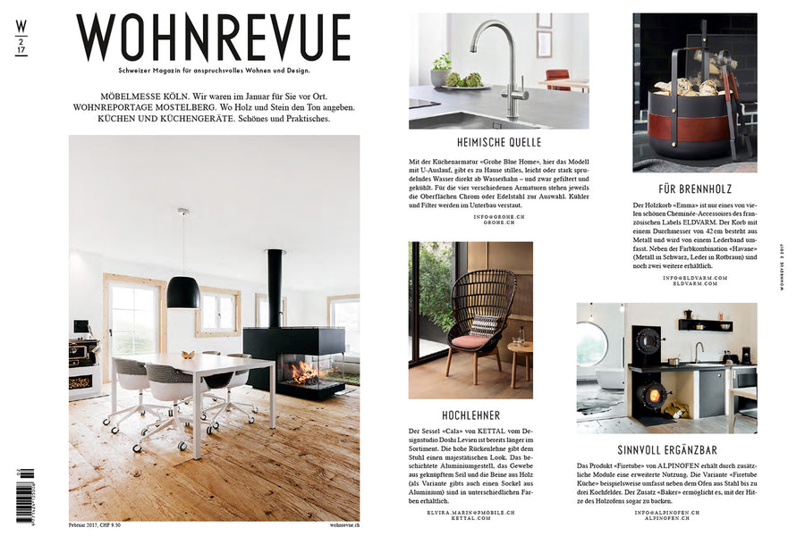 Magazine page with interior design articles and images of rooms with fireplaces and furniture.