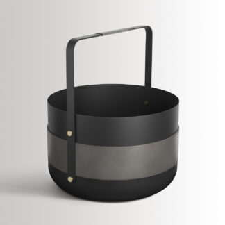 Emma Basket in Graphite is made of charcoal black powder-coated steel, grey leather and solid brass details.