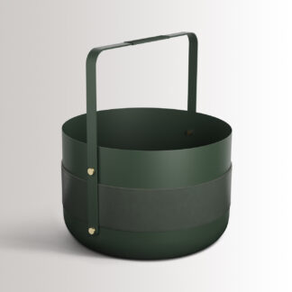 Emma Basket in Forêt combines British racing green powder-coated steel, green leather and solid brass details.
