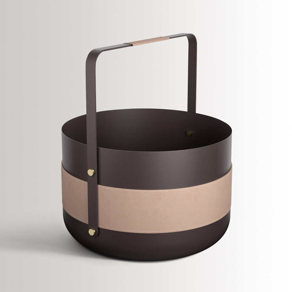 Emma Basket in Naturel combines dark warm grey powder-coated steel, beige leather and brass details.