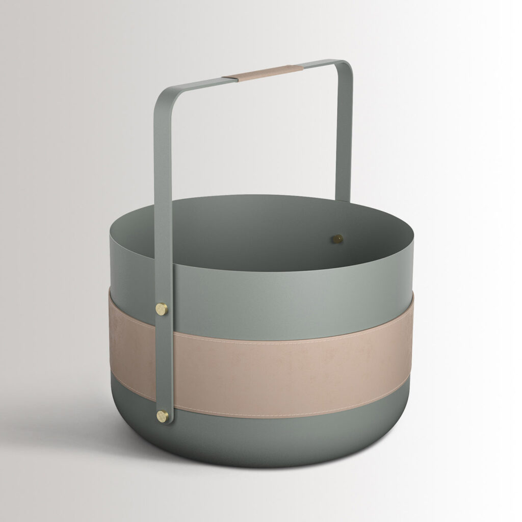 Emma Basket in Lichen combines light green powder-coated steel, with beige leather and solid brass details.