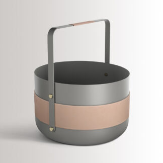 Emma Basket in Scandie combines medium grey powder-coated steel, with beige leather and brass details.