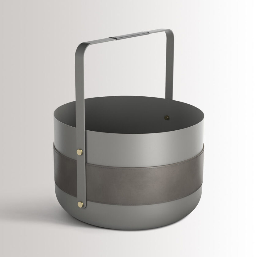 Emma Basket in Paris is made of medium grey powder-coated steel, grey leather and brass details.