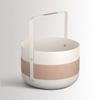 Emma Basket in Blanc combines cream white powder-coated steel, beige leather and brass details.