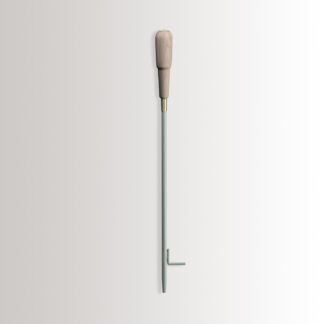 Emma Blow Poker in Lichen combines light green grey powder-coated steel, with a beech wood handle and brass details.