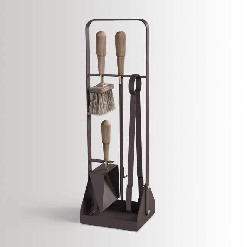 Emma Companion Set in Classique combines dark warm grey powder-coated steel, walnut wood handles and details in solid brass.