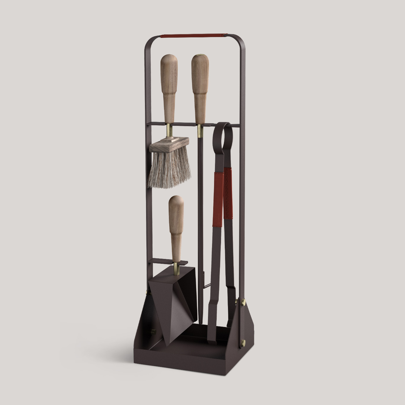 Emma Companion Set in Havane combines dark warm grey powder-coated steel, with “Havane” brown red leather, walnut wood handles and details in solid brass.