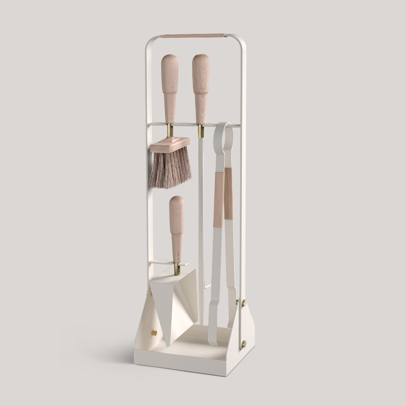 A minimalist fireplace tool set with a white stand. The set includes a brush, poker, shovel, and tongs, all with light wood handles and hanging from the stand. The tongs have metal gripping ends. The tool set has a modern and clean design.
