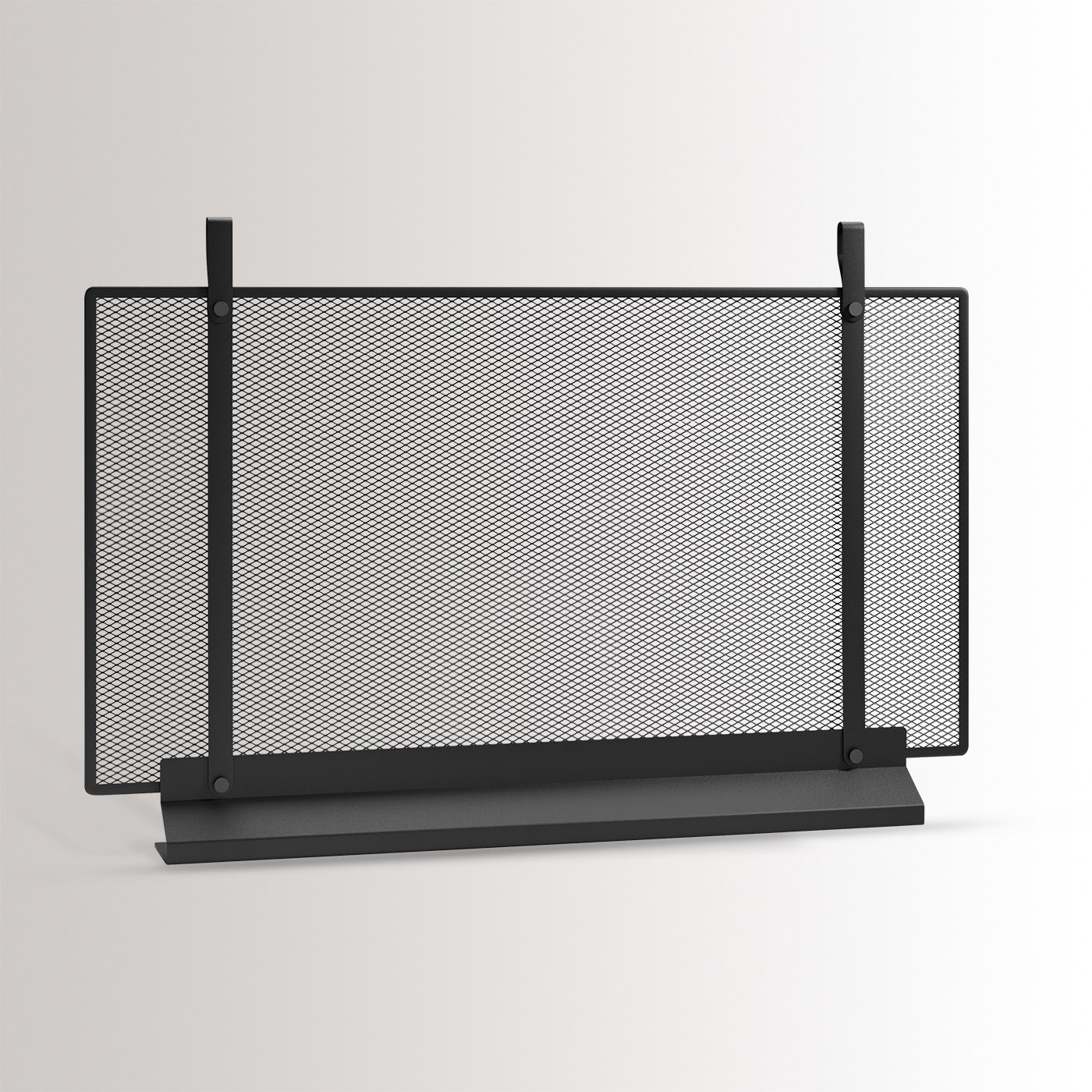 The large Emma fireplace screen in Noir combines charcoal black powder-coated steel, with details in anodised aluminium.