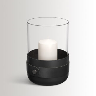 Emma Lantern in Noir combines charcoal black powder-coated steel with “Noir” black leather, hand blown glass and black details.