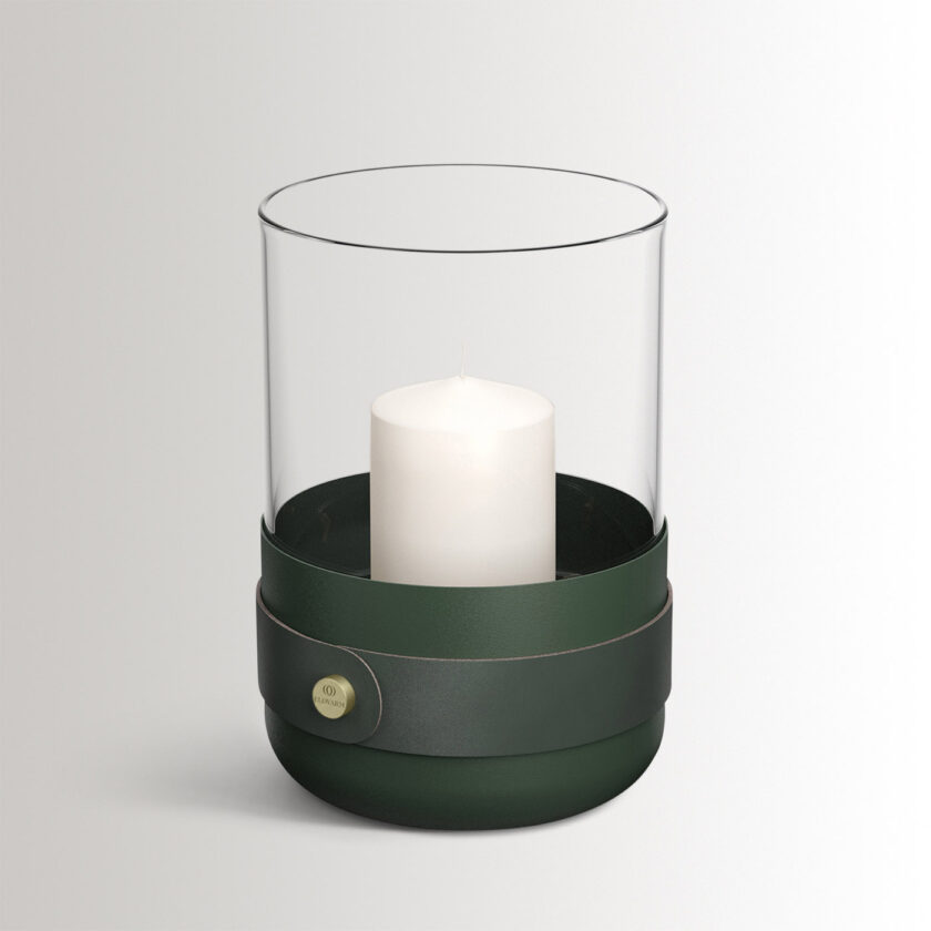 Emma Lantern in Forêt combines dark green powder-coated steel with “Forêt” green leather, hand blown glass and brass details.