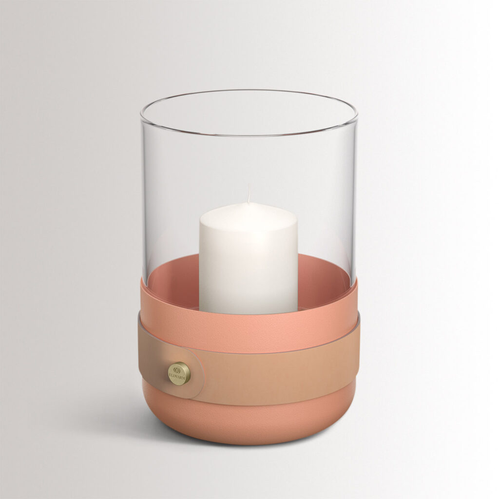 Emma Lantern in BonBon combines peachy pink powder-coated steel with “Naturel” beige leather, hand blown glass and brass details.