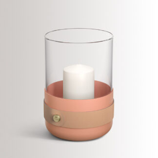 Emma Lantern in BonBon combines peachy pink powder-coated steel with “Naturel” beige leather, hand blown glass and brass details.