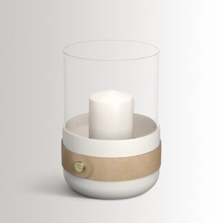 Emma Lantern in Blanc combines cream white powder-coated steel with “Naturel” beige leather, hand blown glass and brass details.