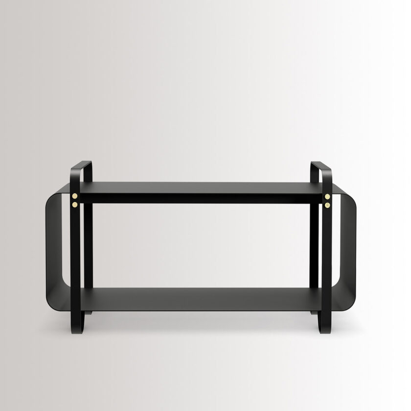 Ninne Bench in Noir is made from charcoal black powder-coated steel, with brass details.